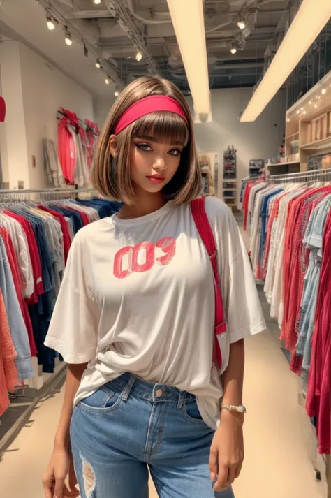 portrait of a woman with 1990s style chin-length bob haircut with straight bangs and a thick headband wearing wearing 90s fashion: oversized plaid flannel shirt, baggy ripped jeans, canvas sneakers at clothes store <lora:ARWarwclothingstoreconcept:1> arwclothingstoreconcept <lora:add_detail:0.75> hdr, cinematic shot, feminine colors, (90s style :1.3), <lyco:GoodHands-beta2:0.8>, HairDetail,, feminine colors, ambient lighting, mahogany skin, quarter turn,1/4 body pose, upper body view, looking back, (excited facial expression:1.3), short-legged body