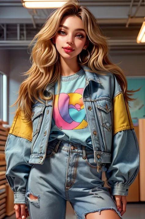 portrait of a woman with 1990s style brazilian blowout hair wearing wearing 90s fashion: oversize denim jacket and t-shirt, baggy ripped jeans, canvas sneakers at clothes store <lora:ARWarwclothingstoreconcept:1> arwclothingstoreconcept <lora:add_detail:0.75> hdr, cinematic shot, feminine colors, (90s style :1.3), <lyco:GoodHands-beta2:0.8>, HairDetail,, feminine colors, ambient lighting, sienna skin, quarter turn,1/4 body pose, head shot, looking up, (excited facial expression:1.3), rectangle body