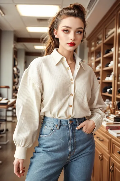 portrait of a woman with 1990s style hair pulled back in french twist wearing wearing 90s fashion: buttonup collared shirt, oversized patterned sweater vest, high-waist jeans, sneakers, at <lora:ARWarwclothingstoreconcept:1> arwclothingstoreconcept <lora:add_detail:0.75> hdr, cinematic shot, feminine colors, (90s style :1.3), <lyco:GoodHands-beta2:0.8>, HairDetail,, feminine colors, ambient lighting, mahogany skin, quarter turn,1/4 body pose, full body view, averted gaze, (excited facial expression:1.3), hourglass body