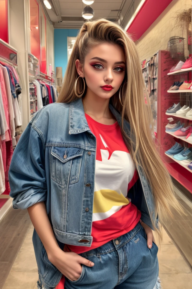 portrait of a woman with 1990s style hair pulled back in french twist wearing wearing 90s fashion: oversize denim jacket and t-shirt, baggy ripped jeans, canvas sneakers at clothes store <lora:ARWarwclothingstoreconcept:1> arwclothingstoreconcept <lora:add_detail:0.75> hdr, cinematic shot, feminine colors, (90s style :1.3), <lyco:GoodHands-beta2:0.8>, HairDetail,, feminine colors, ambient lighting, mocha skin, quarter turn,1/4 body pose, head shot, Looking at something, (excited facial expression:1.3), hourglass body