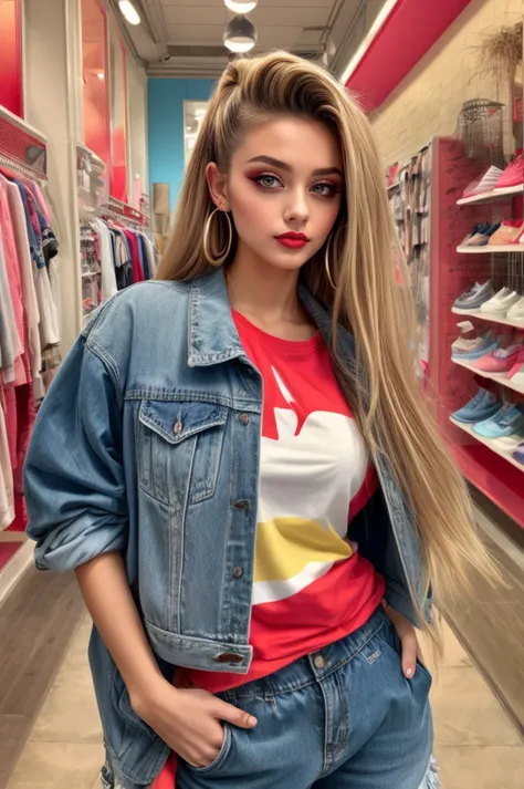 portrait of a woman with 1990s style hair pulled back in french twist wearing wearing 90s fashion: oversize denim jacket and t-shirt, baggy ripped jeans, canvas sneakers at clothes store <lora:ARWarwclothingstoreconcept:1> arwclothingstoreconcept <lora:add_detail:0.75> hdr, cinematic shot, feminine colors, (90s style :1.3), <lyco:GoodHands-beta2:0.8>, HairDetail,, feminine colors, ambient lighting, mocha skin, quarter turn,1/4 body pose, head shot, Looking at something, (excited facial expression:1.3), hourglass body