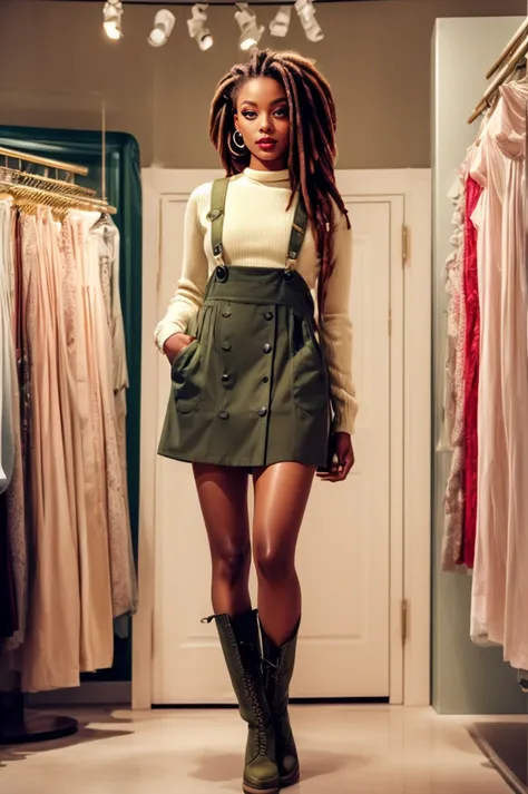 portrait of a woman with 1990s style beaded dreadlocks wearing wearing 90s fashion: olive green cotton sheath button-front pinafore sundress layered over a beige turtleneck shirt, combat boots, choker necklace, dark lipstick at clothes store <lora:ARWarwclothingstoreconcept:1> arwclothingstoreconcept <lora:add_detail:0.75> hdr, cinematic shot, feminine colors, (90s style :1.3), <lyco:GoodHands-beta2:0.8>, HairDetail,, feminine colors, ambient lighting, ivory skin, quarter turn,1/4 body pose, full body view, gazing, (excited facial expression:1.3), toned body