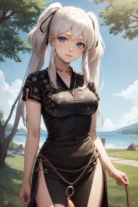 (masterpiece, best quality:1.2), <lora:mabinogi_nao-12:1>, cowboy shot, solo, 1girl, nao \(mabinogi\), slight smile, closed mouth, looking at viewer, twintails, hair ribbon, chinese clothes