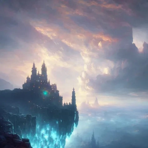 a painting of a castle in the sky with a bright light coming from it's top and a person standing on the edge of the castle , chaingirldark style ultra detailed, trending on artstation, concept art, unreal engine, octane render  <lora:surreality-chaingirldark style:0.75>