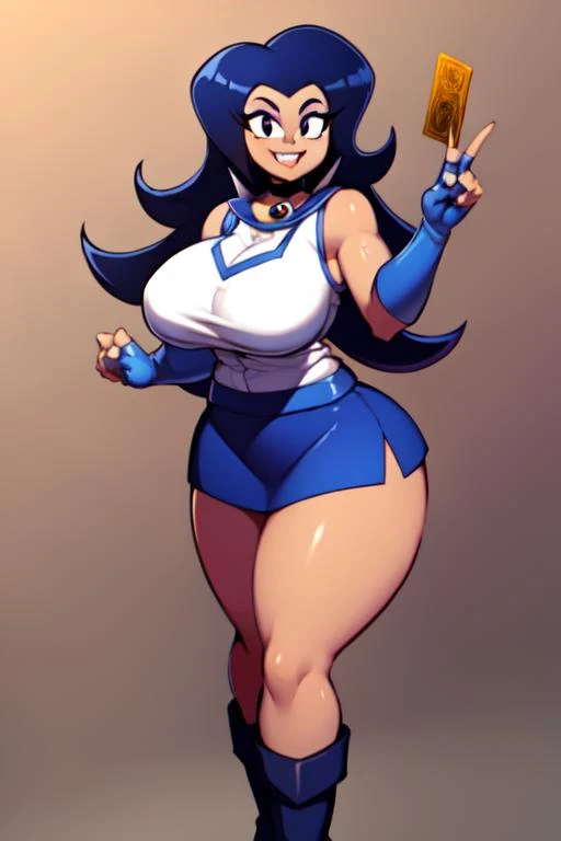 masterpiece, best quality,
<lora:Wilhamena:0.6> , wilhamena, dark skin, very long hair, dark-skinned female, makeup, 1girl, large breasts, black hair, smile, jewelry, choker, black eyes, fangs, thighs, busty, curvy, <lora:obuniform:0.8> , obuniform, sleeveless, bare shoulders, elbow gloves, blue gloves, fingerless gloves, blue skirt, white jacket, blue footwear, boots, , card, holding, holding card
