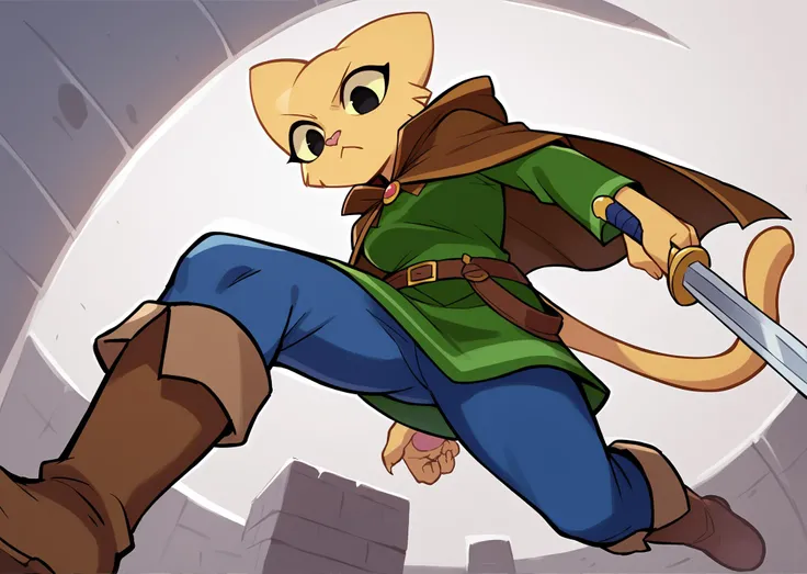 score_9, score_8_up, score_7_up, score_6_up, source_anime,
<lora:katia_managan_ponyXL_v1.2:1> 1girl, solo, katia managan, furry, cat girl, black eyes, solid circle pupils,
brown capelet, green dress, blue pants, brown boots, knee boots,
hold sword
dynamic pose, super wide angle shot, extreme perspective, <lora:DynamicPose_alpha1.0_rank4_noxattn_100steps:2>
