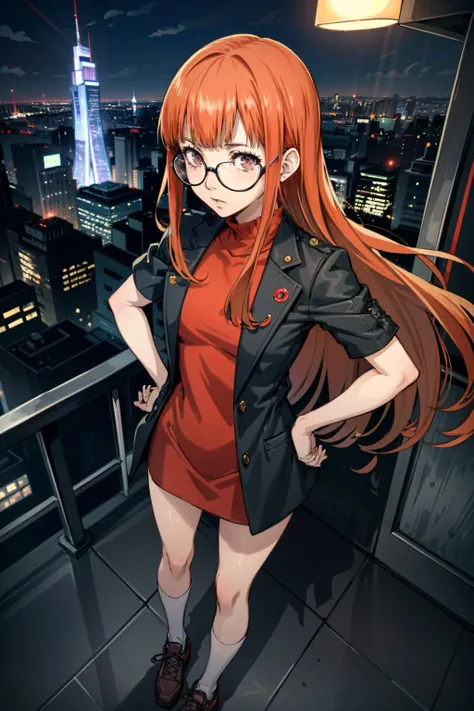 ((masterpiece, best quality))
<lora:Persona5FutabaSakura:0.9>
Persona5FutabaSakura, 1girl, solo, long hair, glasses,  overlooking a cityscape at night from a skyscraper, short dress, standing with hands on hips