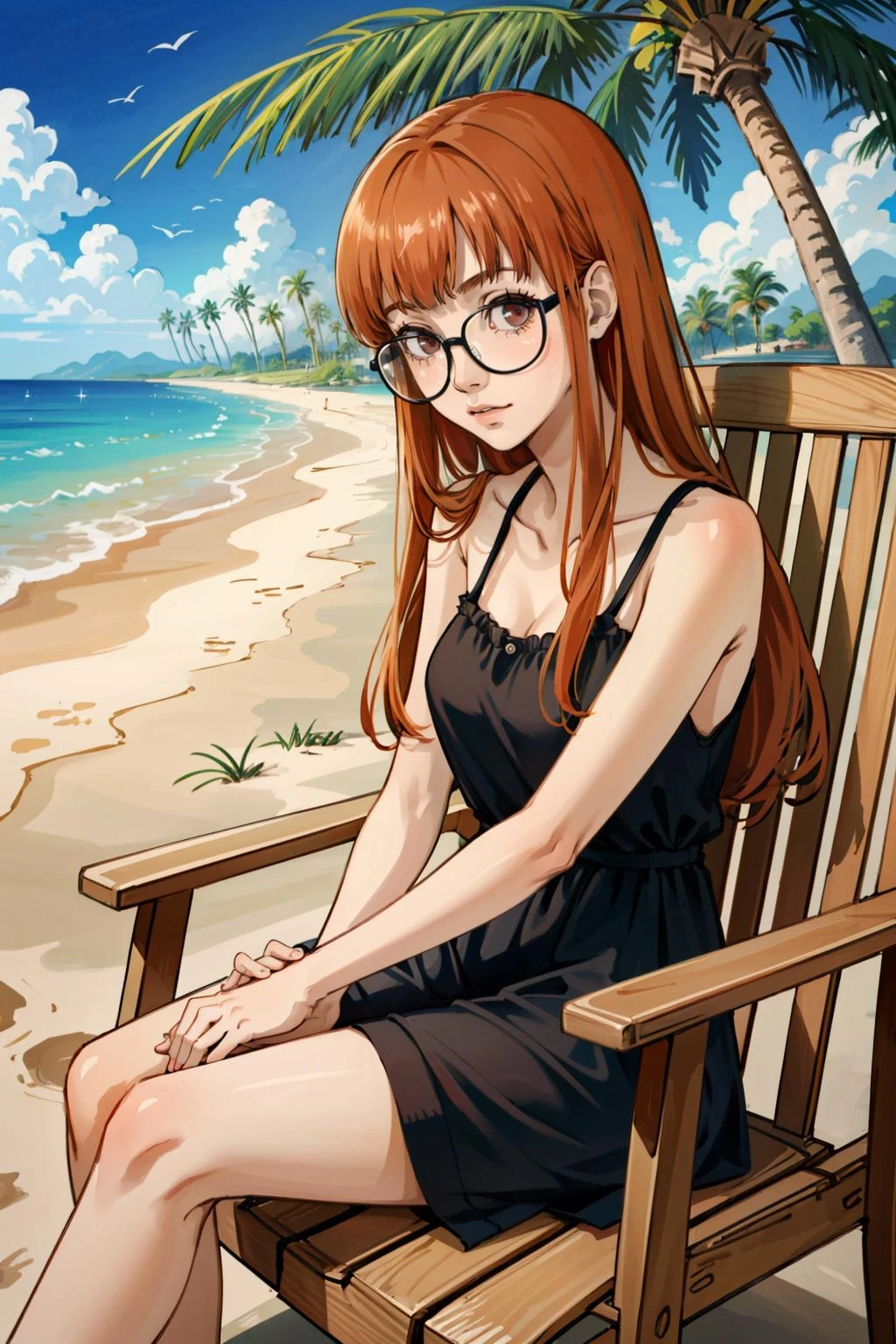 ((masterpiece, best quality))
<lora:Persona5FutabaSakura:0.9>
Persona5FutabaSakura, 1girl, solo, long hair, glasses, on the sandy beach, minidress, palm trees in the background, sitting cross-legged