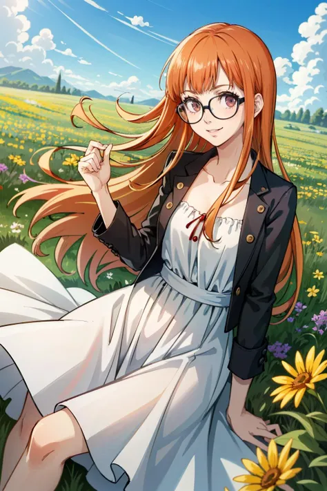 ((masterpiece, best quality))
 <lora:Persona5FutabaSakura-000005:0.8>
Persona5FutabaSakura, 1girl, solo, long hair, glasses,  In a field of wildflowers, wearing a flowing dress, smiling