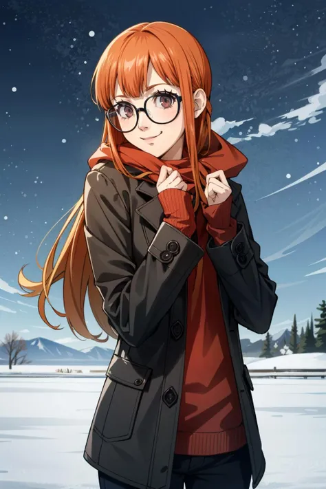 ((masterpiece, best quality))
<lora:Persona5FutabaSakura:0.9>
Persona5FutabaSakura, 1girl, solo, long hair, glasses, in a winter wonderland, cowboy shot, winter clothing, smile