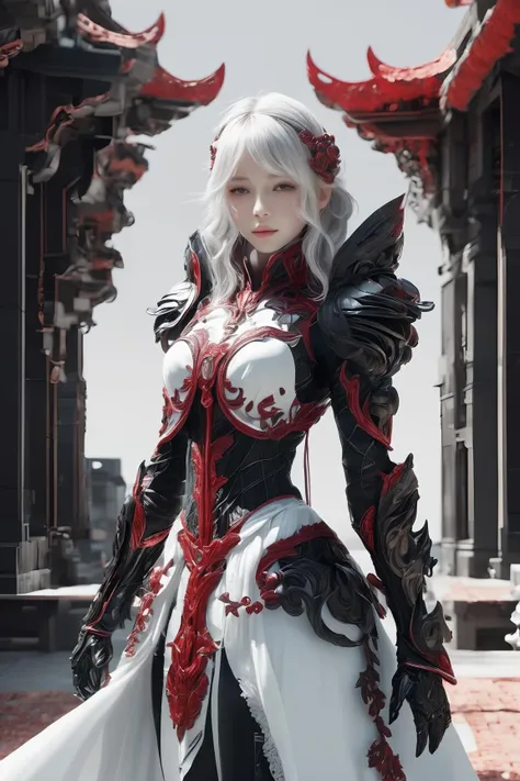 front_view, (1girl, looking at viewer), white long hair, black metalic mechanical_armor, dynamic pose, delicate white filigree, intricate filigree, red metalic parts, intricate armor, detailed part