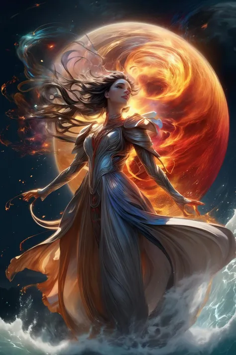 Jupiter, splash art, a close up liquid luminous moon lady made of colors, silver, red, orange, light yellow, grey golden, liquid fire peony flowers, filigree, filigree detailed, swirling fire flames, Galaxy, color drops, color waves, moonlight, splash style of colorful paint, hyperdetailed intricately detailed, unreal engine, fantastical, intricate detail, splash screen, complementary colors, fantasy, concept art, 8k resolution, masterpiece, oil painting, heavy strokes, paint dripping, splash arts, fantasy art, concept art, centered composition perfect composition, centered, intricated pose, intricated