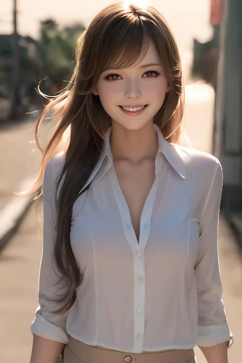 masterpiece, best quality, photorealistic, raw photo, 1girl, long hair, medium breast, collared blouse, light smile, detailed skin, pore, low key