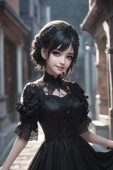 (masterpiece, top quality, best quality, official art, beautiful and aesthetic:1.2), (gothic_girl), light smile, black dress, intricate dress, highest detailed, zoom_out, perfect eyes, random hairstyle