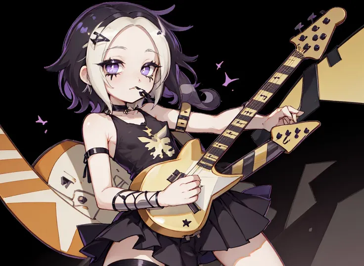 <lora:blacklemonade_v1.0:1> blacklemonade, 1girl, fullbody, solo, playing guitar, looking right, guitar pick in mouth, stage, stage background, spotlights, stage lights, high quality, best quality, detailed chibi style, detailed, androgynous, flat chest, beauty mark
