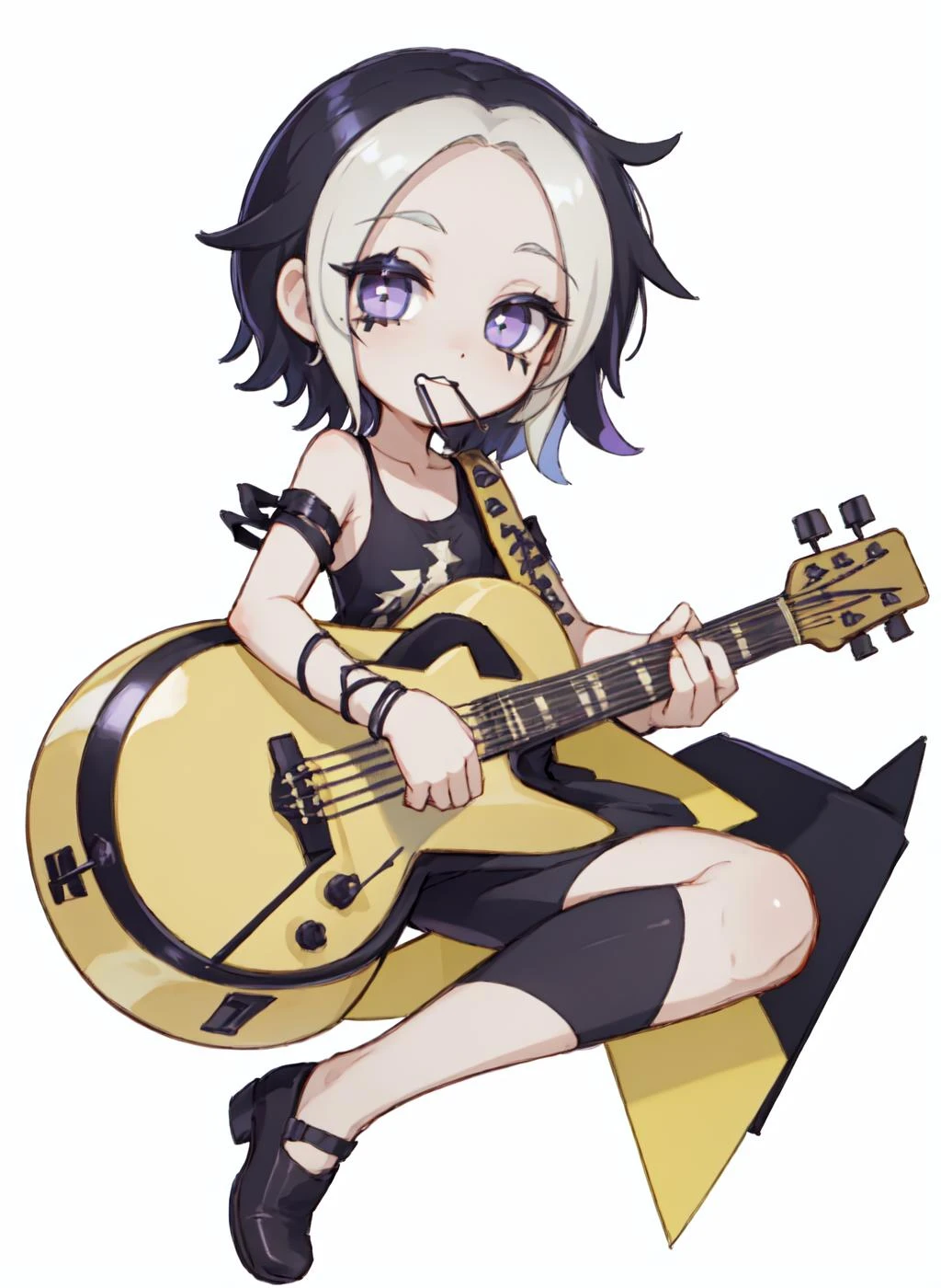 <lora:blacklemonade_v1.0:1> blacklemonade, 1girl, fullbody, solo, playing guitar, looking right, guitar pick in mouth, chibi:1.5, no background, white background, simple background high quality, best quality, detailed chibi style, detailed, androgynous, flat chest, beauty mark