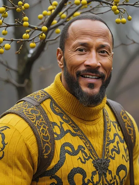 <lora:mistletoe_mercenaries:1> mistletoe mercenaries, yellow, masterpiece, best quality, Hairy Sephardic ([Marvin Gaye|Dwayne Johnson]:1.3) , wearing Sweater with Snake print, he has Colored hair styled as Bald, Large Hazel Eyes, Qing Dynasty woods, in focus, Renaissance, F/1.8