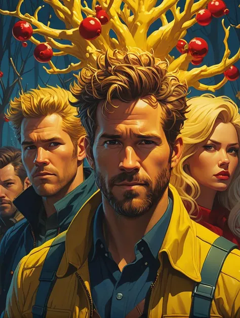 <lora:mistletoe_mercenaries:1> mistletoe mercenaries, yellow, well-endowed (a group of Ryan Reynoldss:1.2) , Hairy, one of their hair is Colored, Overdetailed art, Lustful, Lens Flare, dark blue and electric red hue, fantasy art designed by James Jean, Atey Ghailan