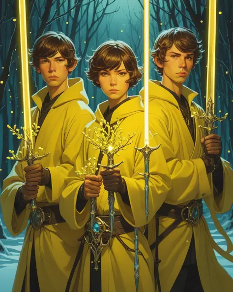 portrait of Yellow: Mistletoe Mercenaries holding a magic sword. a shining glowing crystal sword. Super symmetrical, very detailed, intricate, detailed. by Ilya Kuvshinov and Alphonse Mucha. Dreamy, sparkles