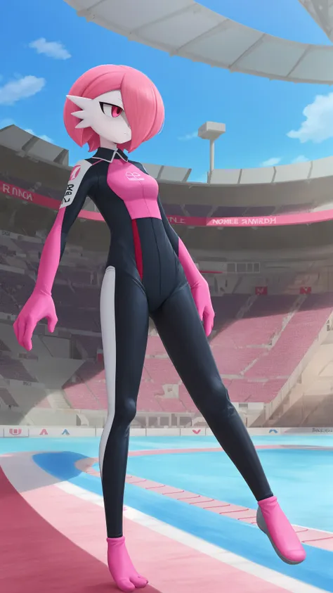 race track,outdoors,raod,stadium,(depth of field:0.65),masterpiece,best_quality,female focus,game freak,pokemon \(creature\),pokemon\game\,multicolored skin,short hair,flat chest,1girl,solo,(pink hair),nintendo,pokemon,bangs,colored skin,gen 3 pokemon,hair over one eye,two-tone skin,white skin,(gardevoir wearing a black and pink racing suit:1.2),<lora:GardevoirYiffy:0.8>, gardevior,