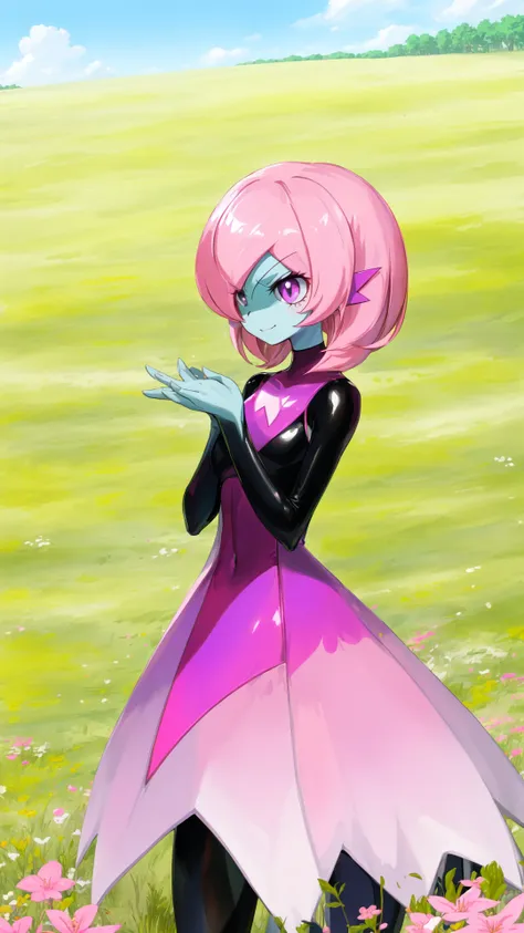 solo,gardevoir,pink hair,annoyed,purple eyes,cyancapsule,forest,pink skin,outside,grasslands,flat_color,in spring,nature,field,colourful glass,kind_smile,black and pink bodysuit,skin tight,shiny,<lora:GardevoirYiffy:0.8>,