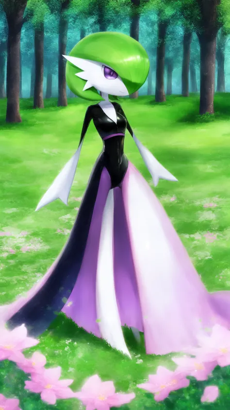 solo,gardevoir,pink hair,annoyed,purple eyes,cyancapsule,forest,pink skin,outside,grasslands,flat_color,in spring,nature,field,colourful glass,kind_smile,black and pink bodysuit,skin tight,shiny,<lora:GardevoirYiffy:0.8>,