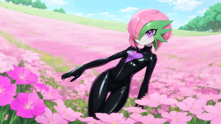 solo,gardevoir,pink hair,annoyed,purple eyes,cyancapsule,forest,pink skin,outside,grasslands,flat_color,in spring,nature,field,colourful glass,kind_smile,black and pink bodysuit,skin tight,shiny,<lora:GardevoirYiffy:0.8>,