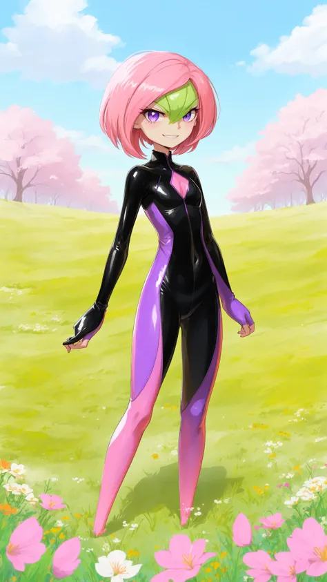 solo,gardevoir,pink hair,annoyed,purple eyes,cyancapsule,forest,pink skin,outside,grasslands,flat_color,in spring,nature,field,colourful glass,kind_smile,black and pink bodysuit,skin tight,shiny,<lora:GardevoirYiffy:0.8>,