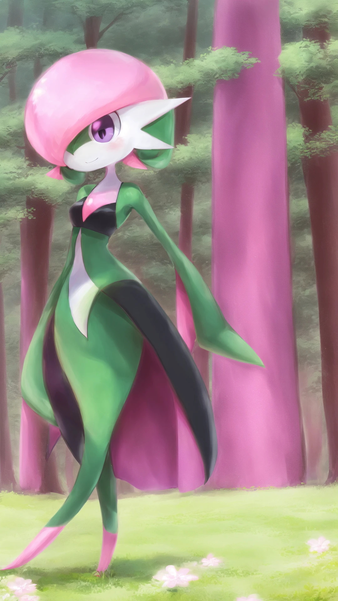 solo,gardevoir,pink hair,annoyed,purple eyes,cyancapsule,forest,pink skin,outside,grasslands,flat_color,in spring,nature,field,colourful glass,kind_smile,black and pink bodysuit,skin tight,shiny,<lora:GardevoirYiffy:0.8>,