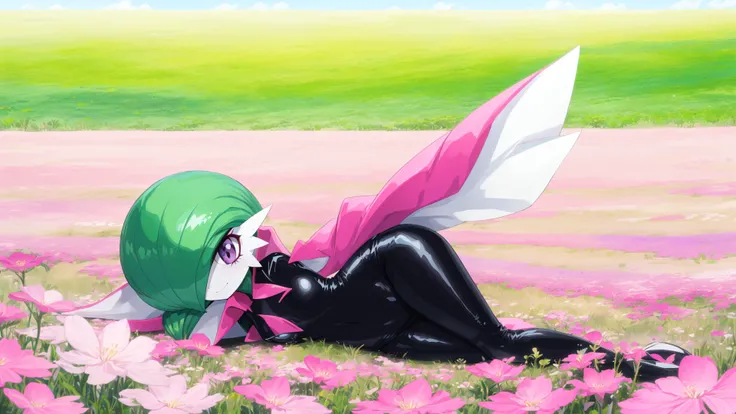 solo,gardevoir,pink hair,annoyed,purple eyes,cyancapsule,forest,pink skin,outside,grasslands,flat_color,in spring,nature,field,colourful glass,kind_smile,black and pink bodysuit,skin tight,shiny,<lora:GardevoirYiffy:0.8>,