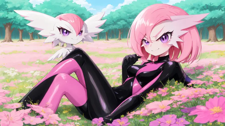 solo,gardevoir,pink hair,annoyed,purple eyes,cyancapsule,forest,pink skin,outside,grasslands,flat_color,in spring,nature,field,colourful glass,kind_smile,black and pink bodysuit,skin tight,shiny,<lora:GardevoirYiffy:0.8>,