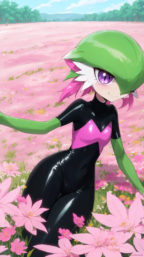 solo,gardevoir,pink hair,annoyed,purple eyes,cyancapsule,forest,pink skin,outside,grasslands,flat_color,in spring,nature,field,colourful glass,kind_smile,black and pink bodysuit,skin tight,shiny,<lora:GardevoirYiffy:0.8>,