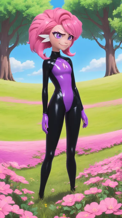 solo,gardevoir,pink hair,annoyed,purple eyes,cyancapsule,forest,pink skin,outside,grasslands,flat_color,in spring,nature,field,colourful glass,kind_smile,black and pink bodysuit,skin tight,shiny,<lora:GardevoirYiffy:0.8>,