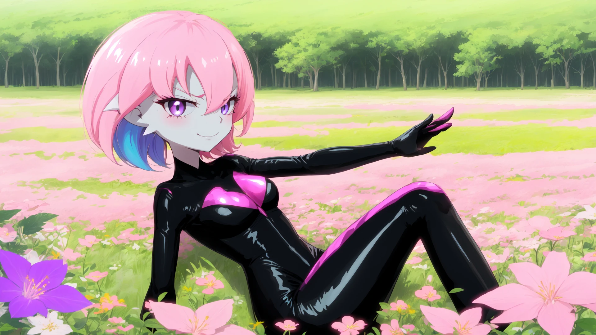 solo,gardevoir,pink hair,annoyed,purple eyes,cyancapsule,forest,pink skin,outside,grasslands,flat_color,in spring,nature,field,colourful glass,kind_smile,black and pink bodysuit,skin tight,shiny,<lora:GardevoirYiffy:0.8>,
