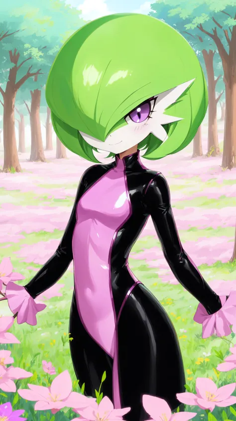 solo,gardevoir,pink hair,annoyed,purple eyes,cyancapsule,forest,pink skin,outside,grasslands,flat_color,in spring,nature,field,colourful glass,kind_smile,black and pink bodysuit,skin tight,shiny,<lora:GardevoirYiffy:0.8>,