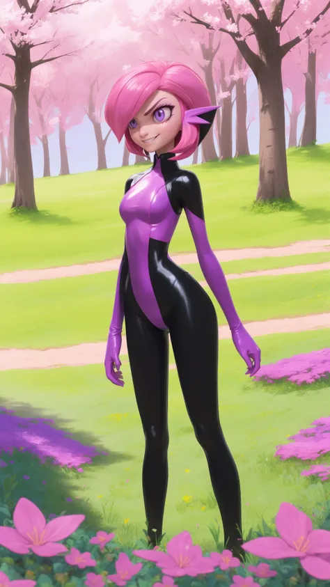 solo,gardevoir,pink hair,annoyed,purple eyes,cyancapsule,forest,pink skin,outside,grasslands,flat_color,in spring,nature,field,colourful glass,kind_smile,black and pink bodysuit,skin tight,shiny,<lora:GardevoirYiffy:0.8>,