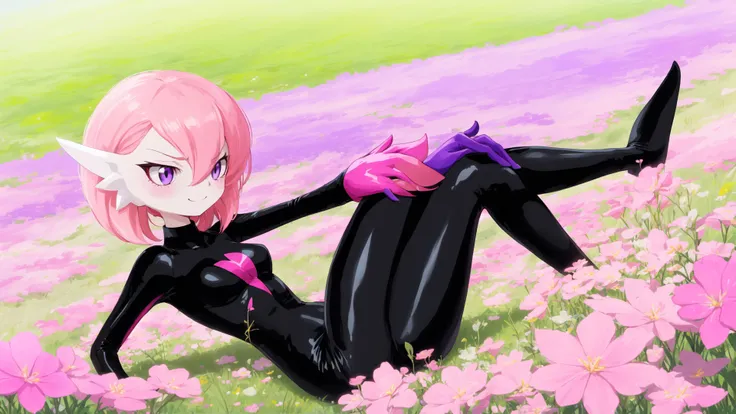 solo,gardevoir,pink hair,annoyed,purple eyes,cyancapsule,forest,pink skin,outside,grasslands,flat_color,in spring,nature,field,colourful glass,kind_smile,black and pink bodysuit,skin tight,shiny,<lora:GardevoirYiffy:0.8>,