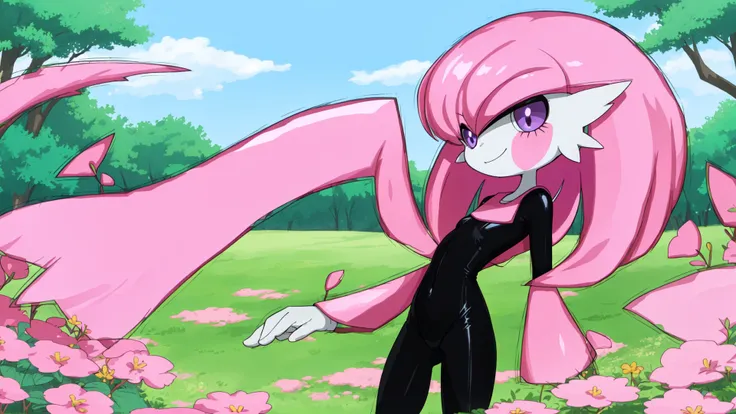 solo,gardevoir,pink hair,annoyed,purple eyes,cyancapsule,forest,pink skin,outside,grasslands,flat_color,in spring,nature,field,colourful glass,kind_smile,black and pink bodysuit,skin tight,shiny,<lora:GardevoirYiffy:0.8>,