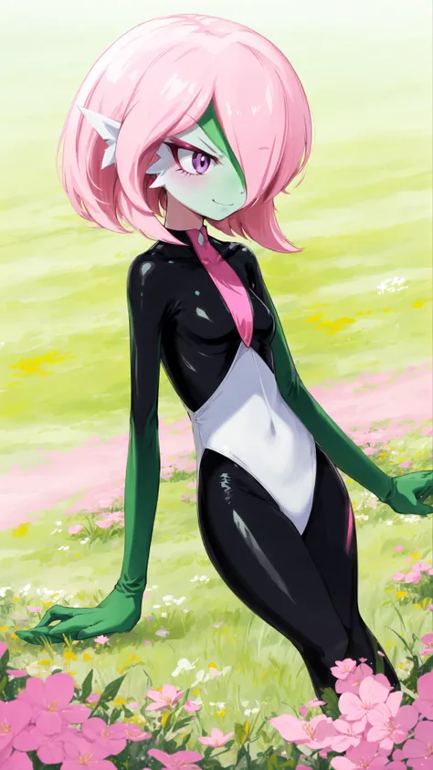 solo,gardevoir,pink hair,annoyed,purple eyes,cyancapsule,forest,pink skin,outside,grasslands,flat_color,in spring,nature,field,colourful glass,kind_smile,black and pink bodysuit,skin tight,shiny,<lora:GardevoirYiffy:0.8>,