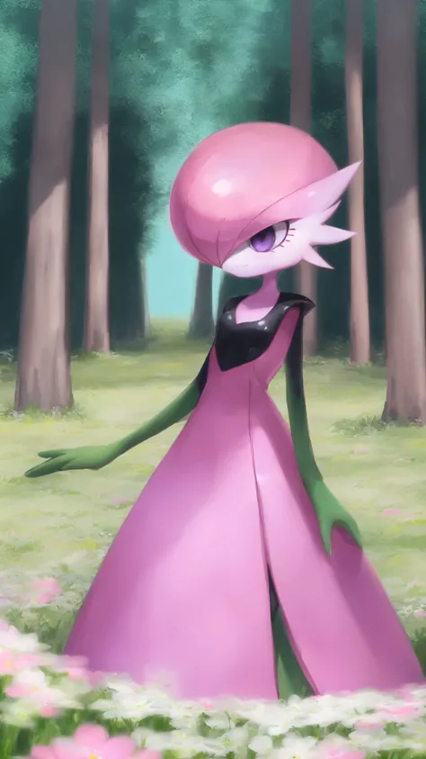 solo,gardevoir,pink hair,annoyed,purple eyes,cyancapsule,forest,pink skin,outside,grasslands,flat_color,in spring,nature,field,colourful glass,kind_smile,black and pink bodysuit,skin tight,shiny,<lora:GardevoirYiffy:0.8>,