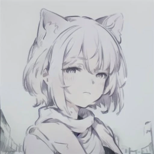 masterpiece, best quality, 1girl, white hair, medium hair, cat ears, closed eyes, looking at viewer, :3, cute, scarf, jacket, outdoors, streets <lora:Take On Me style:1>