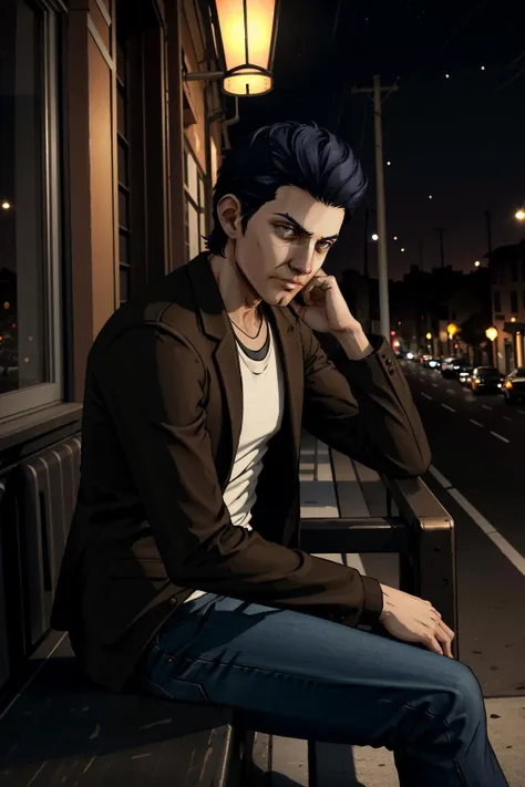 ((ultra detailed, masterpiece, best quality))
 <lora:WolfGrendel:0.8>
WolfGrendel, 1boy, solo, short hair, Under the soft glow of street lamps, urban chic attire, contemplative expression while sitting on a fire escape, capturing the essence of a city night