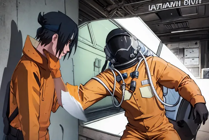 (masterpiece, best quality:1.2), lethal, astronaut, orange jumpsuit, spacesuit, uniform, IncrsChokeMeme <lora:lethal:1> <lora:SasukeChokeEditsMeme:1>