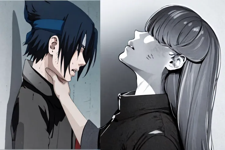 IncrsChokeMeme, <lora:SasukeChokeEditsMeme:1>, KanekiMeme, monochrome, looking up, hair over eyes, <lora:Pos_KanekiMeme:1>, 1girl, long hair,