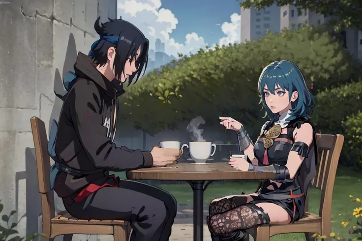 <lora:SasukeChokeEditsMeme:1>, IncrsChokeMeme,   <lora:Teatime-concept_Fp:0.4>, cup, table, food, teapot, outdoors, sitting, 1girl, <lora:byleth-nvwls-ver5:0.8> fembyleth, detached collar, black cape, black crop top, breastplate, tassel, belt, short shorts, gauntlets, patterned pantyhose