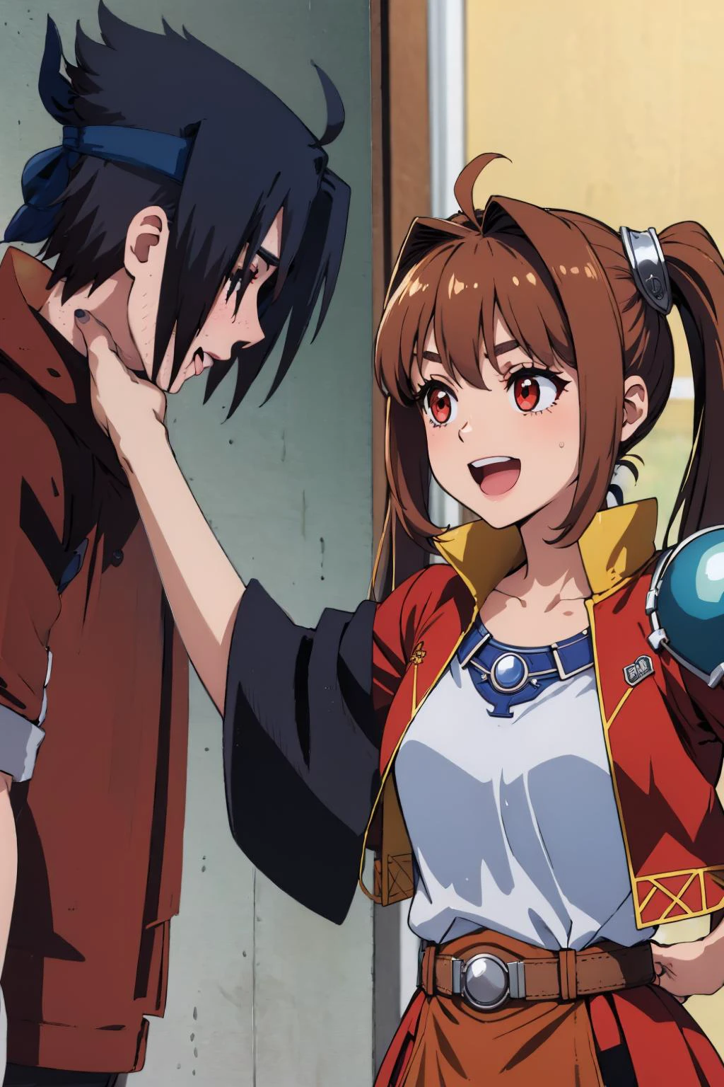 masterpiece, best quality, <lora:SasukeChokeEditsMeme:1> IncrsChokeMeme <lora:estelle-nvwls-v2-final:0.8> fcEstelle, red jacket, blue shoulder pad, white shirt, red skirt, short shorts, :D