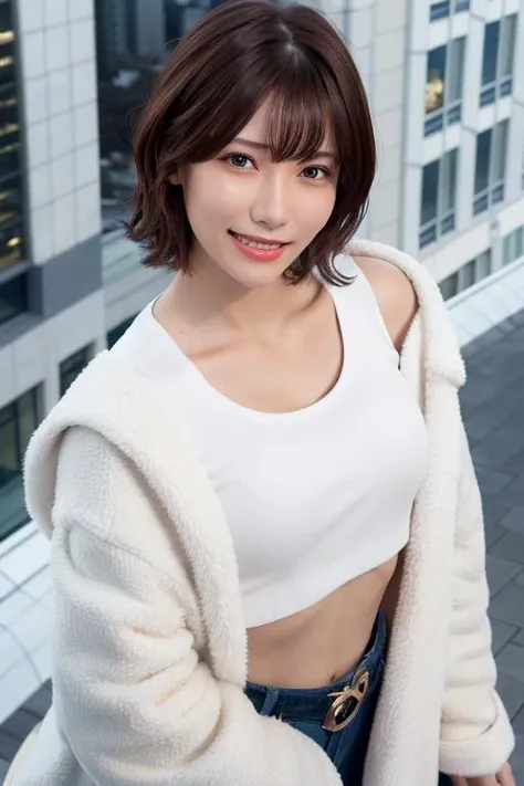1girl, (wearing a cropped top and long coat:1.2),(RAW photo, best quality), (realistic, photo-realistic:1.4), masterpiece, an extremely delicate and beautiful, extremely detailed, 2k wallpaper, Amazing, finely detail, extremely detailed CG unity 8k wallpaper, ultra-detailed, highres, soft light, beautiful detailed girl, extremely detailed eyes and face, beautiful detailed nose, beautiful detailed eyes,cinematic lighting,(in the city:2.2),perfect anatomy,(slender body:1.0),(close up face:2.2),(gently smile,Friendly, warm:2.0),(looking at viewer:2.0),(young japanese idol:1.8),(wavy hair:1.8), (brown eyes:1.8),(standing:2.0), (cleavage:1.4),  <lora:tsuchiyario_lora-11:0.8>