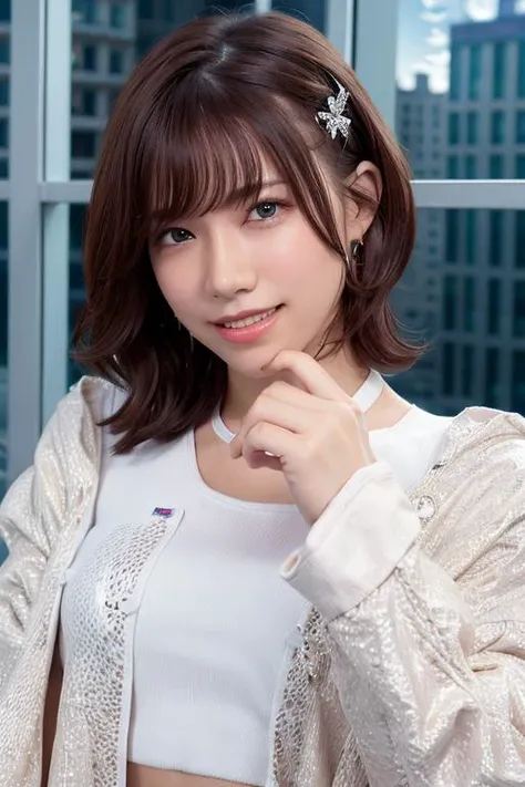 1girl, (wearing a cropped top and long coat:1.2),(RAW photo, best quality), (realistic, photo-realistic:1.4), masterpiece, an extremely delicate and beautiful, extremely detailed, 2k wallpaper, Amazing, finely detail, extremely detailed CG unity 8k wallpaper, ultra-detailed, highres, soft light, beautiful detailed girl, extremely detailed eyes and face, beautiful detailed nose, beautiful detailed eyes,cinematic lighting,(in the city:2.2),perfect anatomy,(slender body:1.0),(close up face:2.2),(gently smile,Friendly, warm:2.0),(looking at viewer:2.0),(young japanese idol:1.8),(wavy hair:1.8), (brown eyes:1.8),(standing:2.0), (cleavage:1.4), <lora:tsuchiyario_lora-11:0.8>