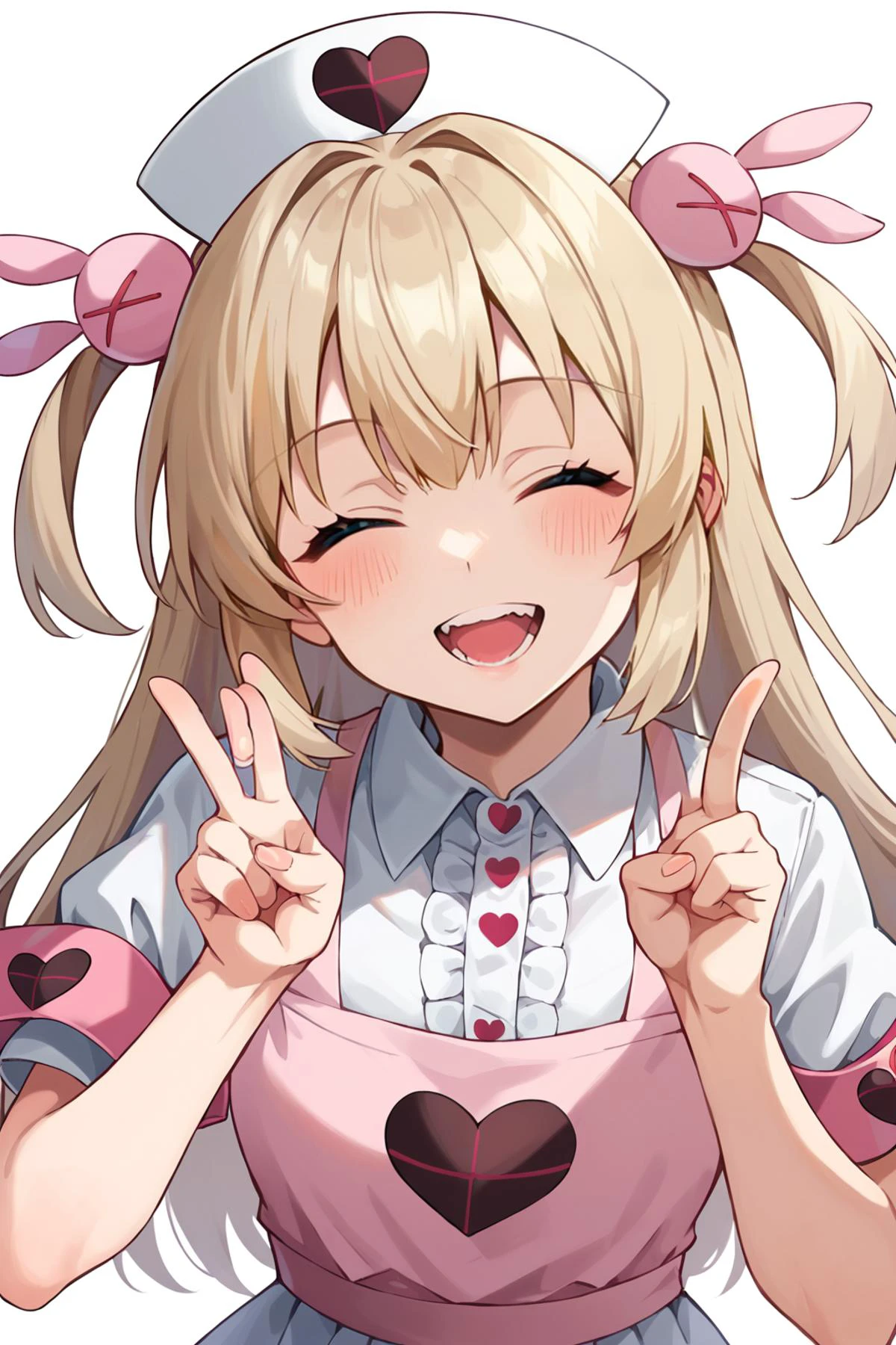 sscore_9, score_8_up,score_7_up,BREAK,source_anime <lora:sanaNatoriXL_LoRA-C3Lier_AdamW_Dim16_Alpha16_UN-3e-4_TE-1.5e-4_10batch_ponyDiffusionV6XL_v6StartWithThisOne:1>natori sana, 1girl, virtual youtuber, light brown hair, long hair,upper body,teeth smile,closed eyes,double v-sign,blush,bright background,best quality,solo,two side up, nurse cap, hair ornament, pink apron, heart, center frills, collared shirt, white shirt, puffy short sleeves, armband, pleated skirt, white skirt, white thighhighs, pink footwear