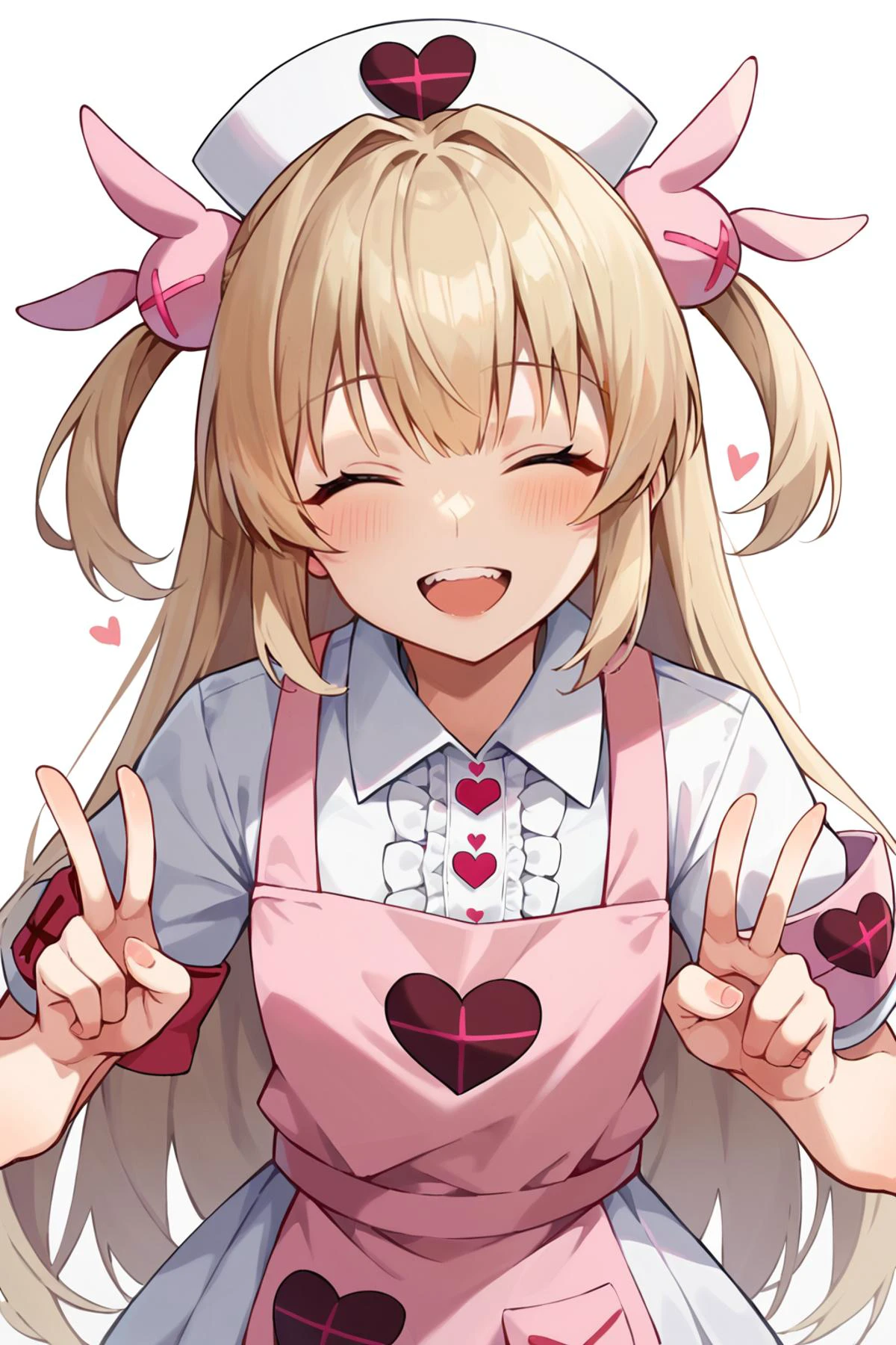 sscore_9, score_8_up,score_7_up,BREAK,source_anime <lora:sanaNatoriXL_LoRA-C3Lier_AdamW_Dim16_Alpha16_UN-3e-4_TE-1.5e-4_10batch_ponyDiffusionV6XL_v6StartWithThisOne:1>natori sana, 1girl, virtual youtuber, light brown hair, long hair,upper body,teeth smile,closed eyes,double v-sign,blush,bright background,best quality,solo,two side up, nurse cap, hair ornament, pink apron, heart, center frills, collared shirt, white shirt, puffy short sleeves, armband, pleated skirt, white skirt, white thighhighs, pink footwear
